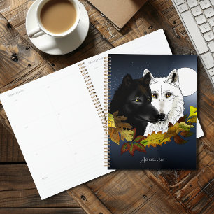 Black White Wolves Moonlight Autumn Leaves Planner