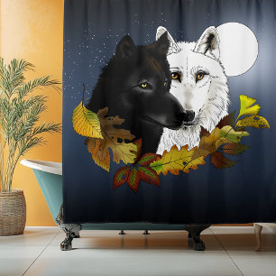 Black White Wolves Moonlight Autumn Leaves Shower Curtain