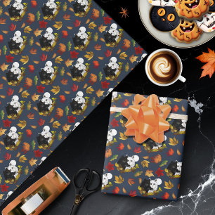 Black White Wolves Moonlight Autumn Leaves Wrapping Paper