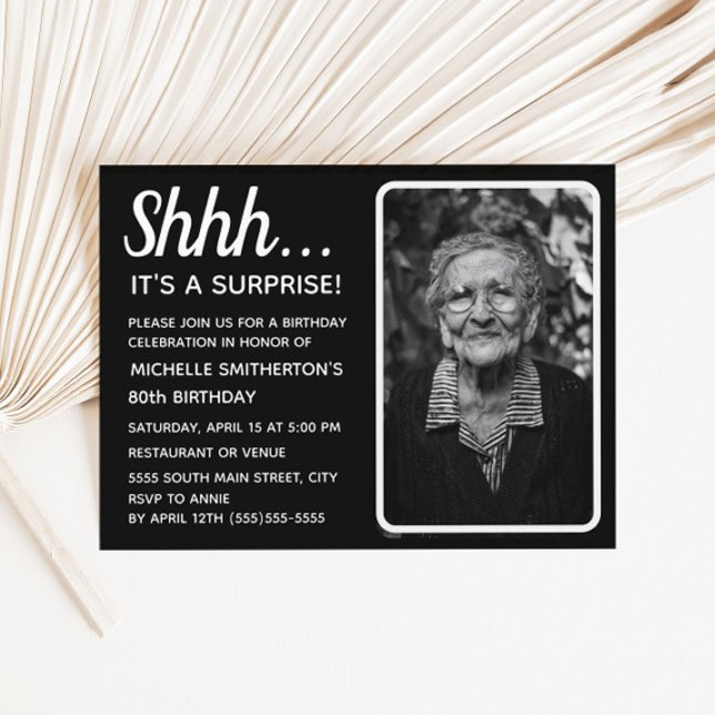 Black White Women's Surprise 80th Birthday Photo Invitation Postcard (Black and white surprise party photo invitation)