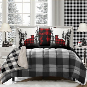 Black & White Woodland Forest Buffalo Plaid Bear  Cushion