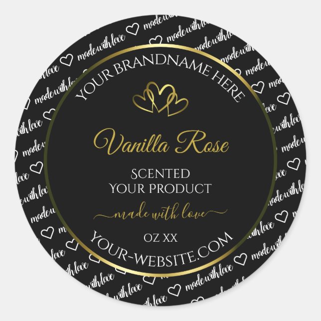 Black White Word Cloud Product Labels Gold Hearts (Front)