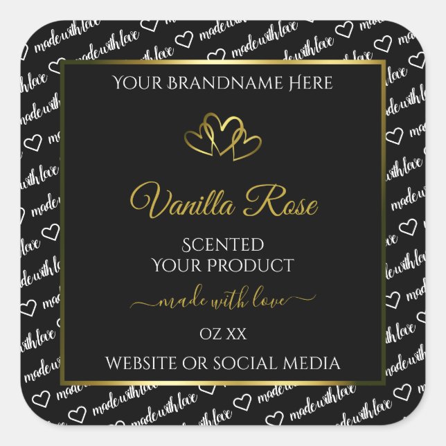 Black White Word Cloud Product Labels Gold Hearts (Front)