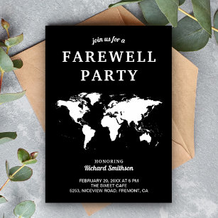 Black White World Map Farewell Party Invitation