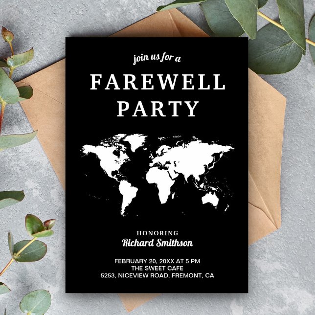 Black White World Map Farewell Party Invitation (Creator Uploaded)