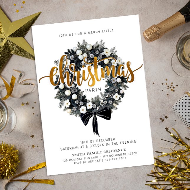 Black & White Wreath Christmas Party Invitation (Simple Christmas Party Invitation)