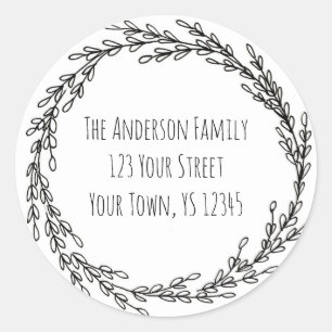 Black White Wreath Floral Address Classic Round Sticker