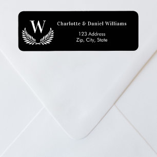 Black white wreath monogram return address label