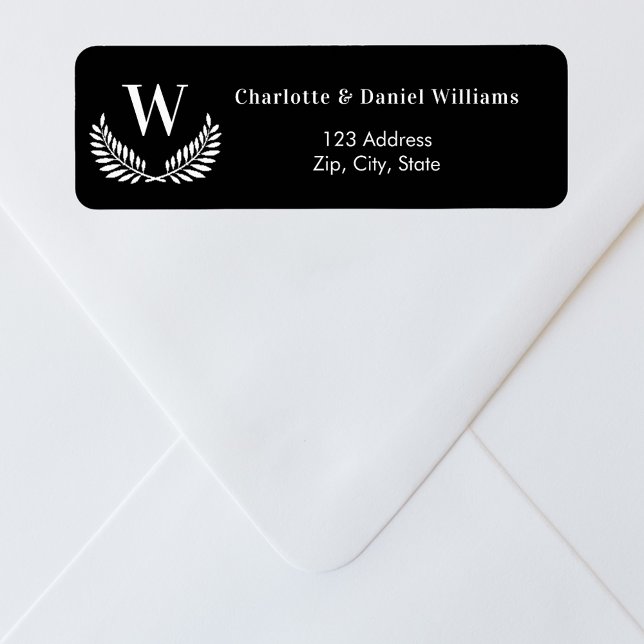 Black white wreath monogram return address label (Creator Uploaded)
