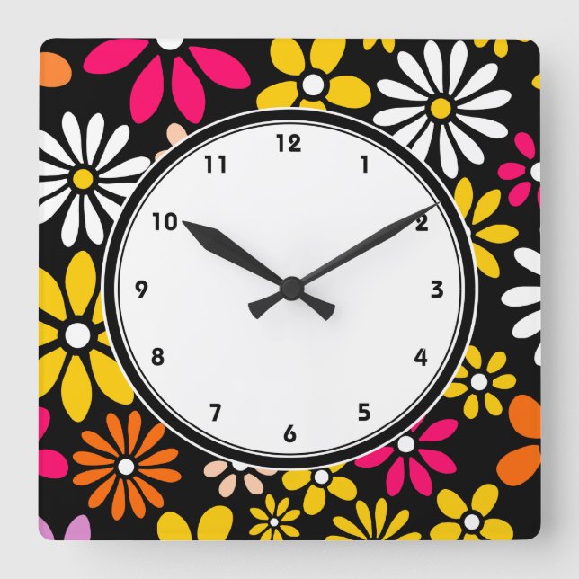 Black white yellow and pink Flower pattern Square Wall Clock (Front)