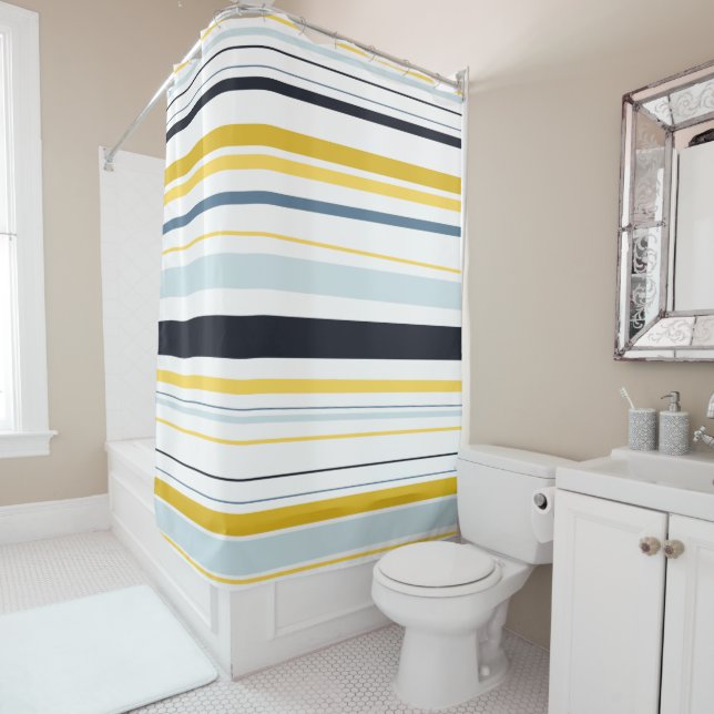 Black White Yellow Blue Gray Modern Stripes Shower Curtain (In Situ)