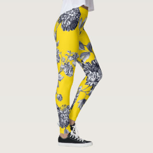 Black & White Yellow Botanical Floral Toile Leggings