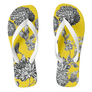 Black & White Yellow Botanical Floral Toile Thongs