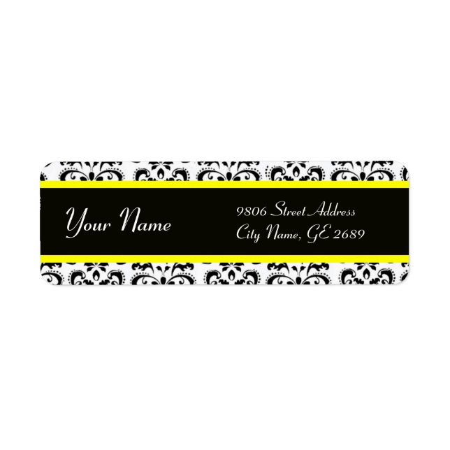 BLACK WHITE YELLOW DAMASK RETURN ADDRESS LABEL (Front)