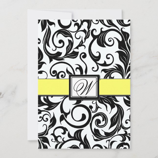 Black White & Yellow Damask Wedding Invitations (Front)