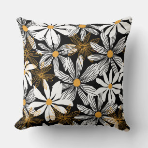 Black, White, Yellow Elegant Daisy Floral Abstract Cushion