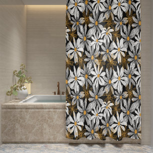Black, White, Yellow Elegant Daisy Floral Abstract Shower Curtain