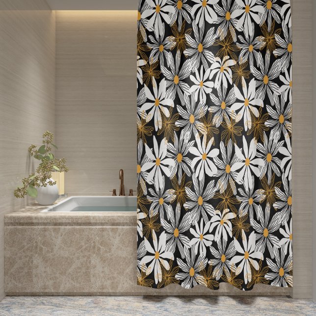 Black, White, Yellow Elegant Daisy Floral Abstract Shower Curtain (Black, White, Yellow Elegant Daisy Floral Abstract Shower Curtain)