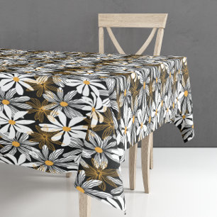 Black, White, Yellow Elegant Daisy Floral Abstract Tablecloth