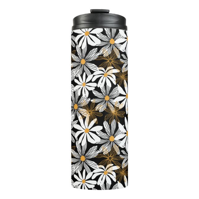 Black, White, Yellow Elegant Daisy Floral Abstract Thermal Tumbler (Front)