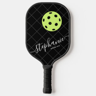 Black White Yellow Elegant Script Personanlized Pickleball Paddle