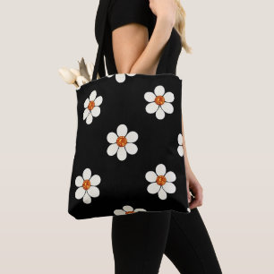 Black White Yellow Floral Design Tote Bag