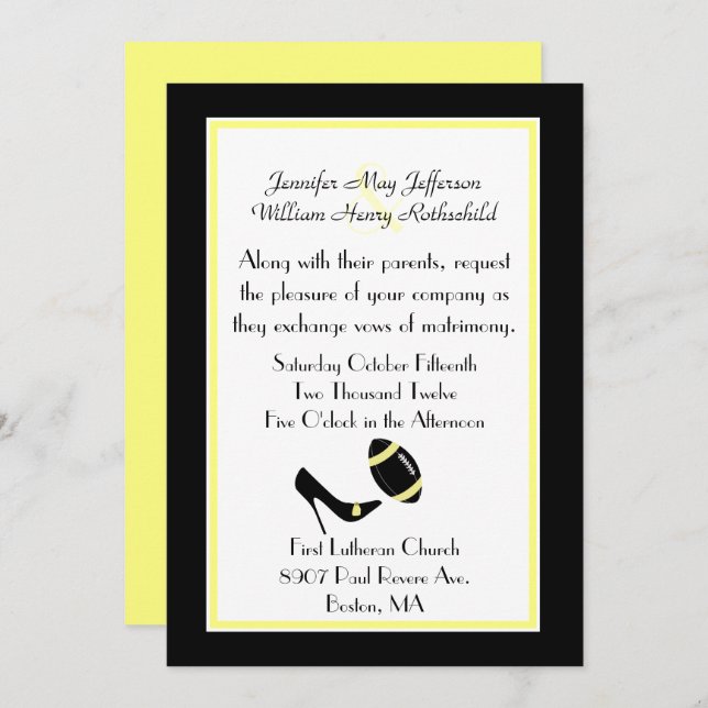 Black, White, & Yellow Football Wedding Invitation (Front/Back)