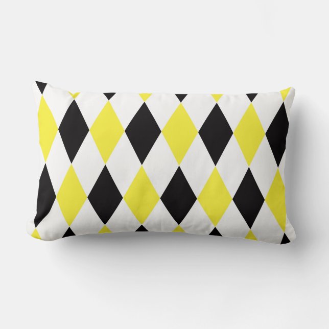 Black White Yellow Harlequin Diamond Pattern Lumbar Cushion (Front)