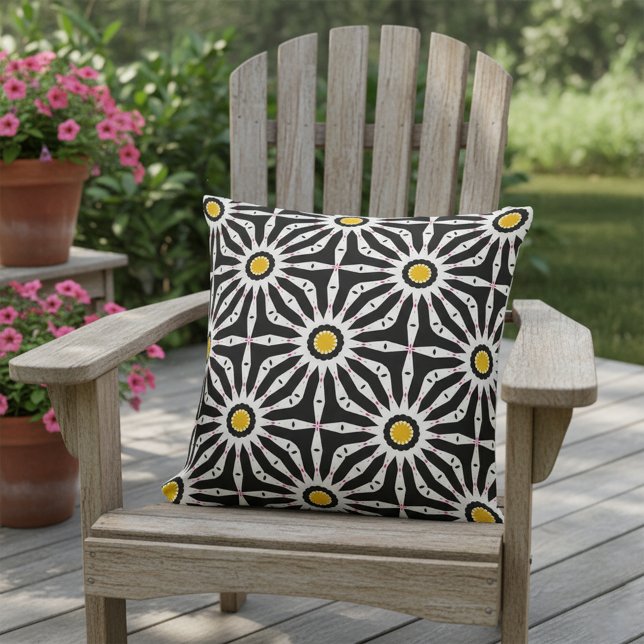 Black White Yellow Kaleidoscope Geometric Floral  Cushion (Creator Uploaded)