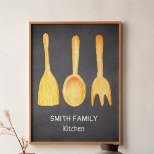 Black White Yellow Kitchen Utensils Chalkboard Poster