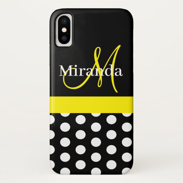 Black White Yellow Monogram Script Polka Dots Case-Mate iPhone Case (Back)