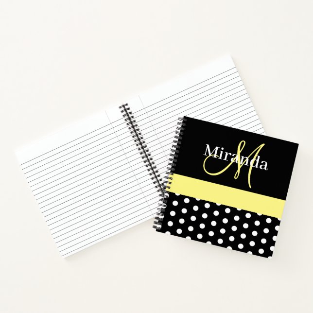 Black White Yellow Monogram Script Polka Dots Notebook (Inside)