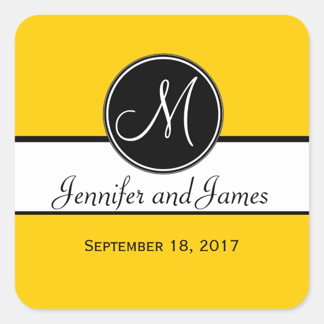 Black White Yellow Monogram Wedding Favour Sticker (Front)