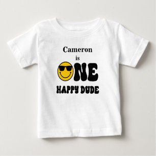 Black White Yellow One Happy Dude 1st Birthday  Baby T-Shirt