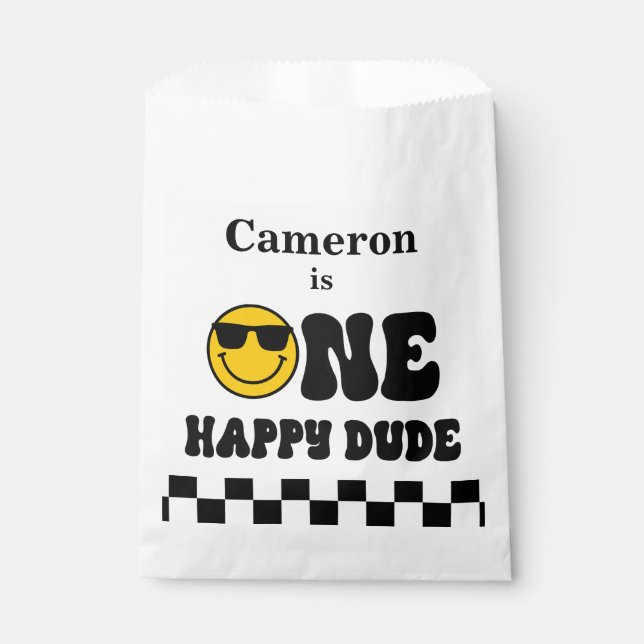 Black White Yellow One Happy Dude 1st Birthday Favour Bag (Front)
