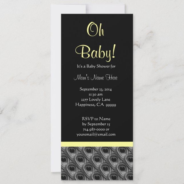 Black White Yellow Peacock Feathers Baby Shower Invitation (Front)