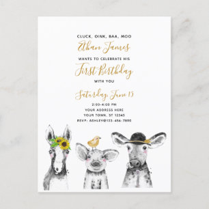 Black White Yellow Script Farm 1st Birthday Invitation Postcard