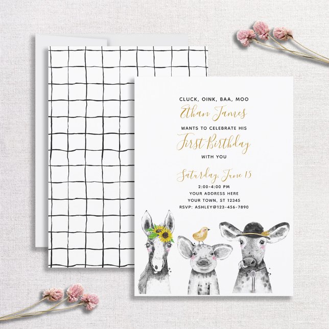 Black White Yellow Script Farm 1st Birthday Party Invitation (Creator Uploaded)