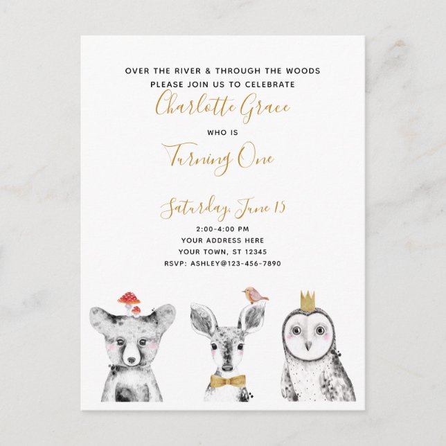 Black White Yellow Script Woodland Birthday Party Invitation Postcard (Front)