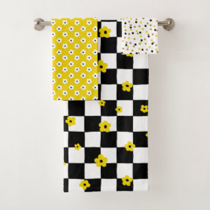 BLACK WHITE YELLOW TINY FLOWERS & STRIPES BATH TOWEL SET