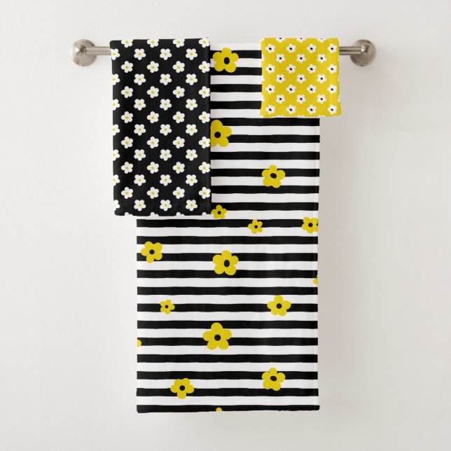 BLACK WHITE YELLOW TINY FLOWERS & STRIPES BATH TOWEL SET (Insitu)