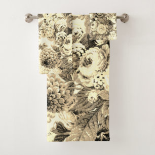 Black White Yellow Tone Peony Vintage Floral Toile Bath Towel Set