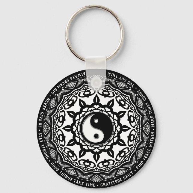 Black White Yin Yang Mandala Daily Reminder Words  Key Ring (Back)