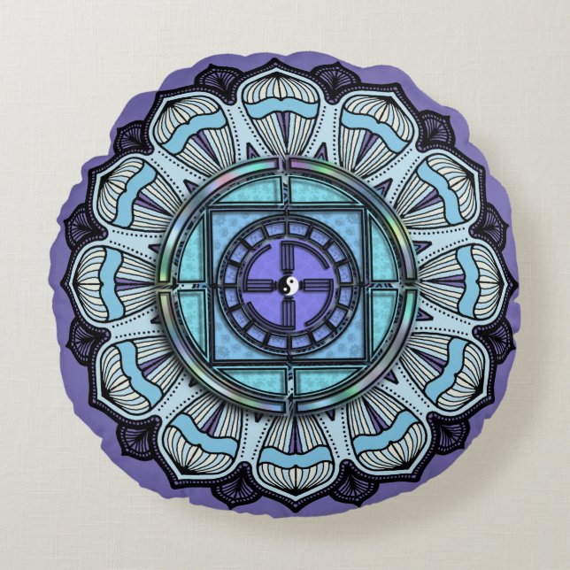 Black White Yin Yang on Lavender Aqua Mandala  Round Cushion (Front)