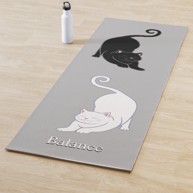 Black & White Yoga Cats on Light Silver Grey Mat (In Situ)