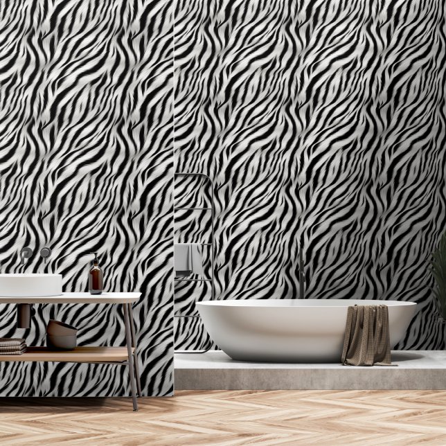 Black White Zebra Animal Faux Fur (image of fur) Wallpaper (Bathroom)