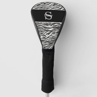Black White Zebra Animal Pattern Initial Monogram Golf Head Cover