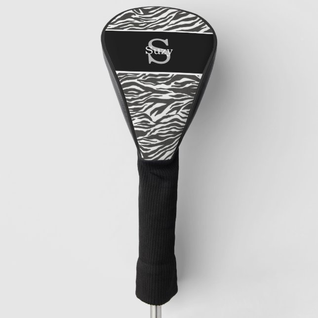 Black White Zebra Animal Pattern Initial Monogram Golf Head Cover (Front)