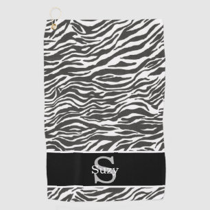 Black White Zebra Animal Pattern Initial Monogram Golf Towel