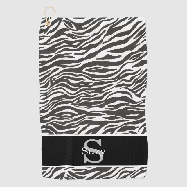 Black White Zebra Animal Pattern Initial Monogram Golf Towel (Front)